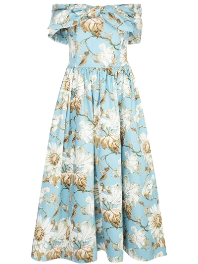 Oscar De La Renta Women's Bow-accented Floral-print Stretch-cotton Dress In Blue