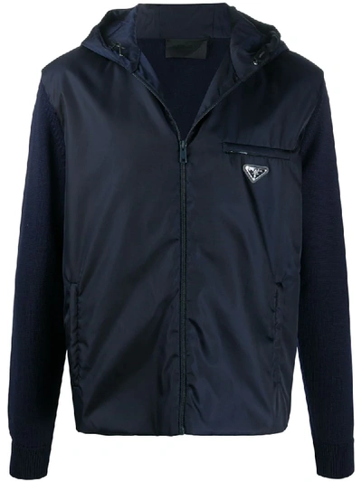 Prada Logo-patch Hooded Jacket In Blue