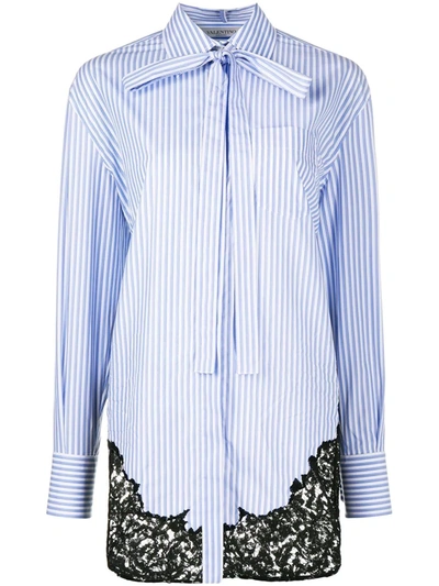 Valentino Pussy-bow Appliquéd Striped Cotton-poplin Shirt In Blue
