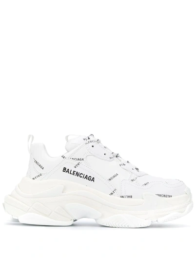 Balenciaga All-over Logo Triple S Sneakers In White & Black