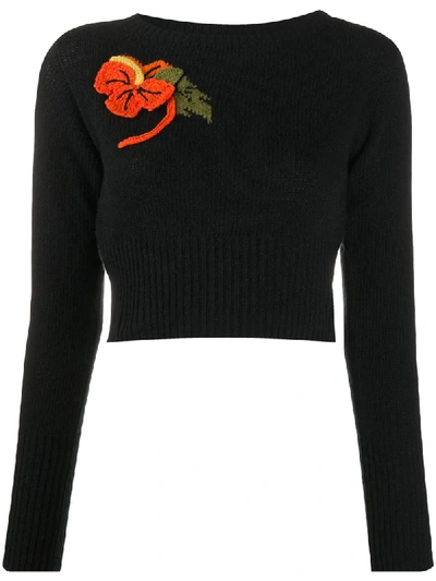 Prada Knit Crop Jumper With Crochet Flower Detail In Black