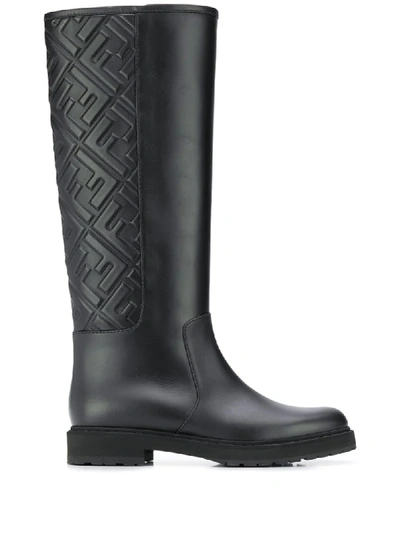 Fendi Ff Embossed Leather Knee-high Boots In Black