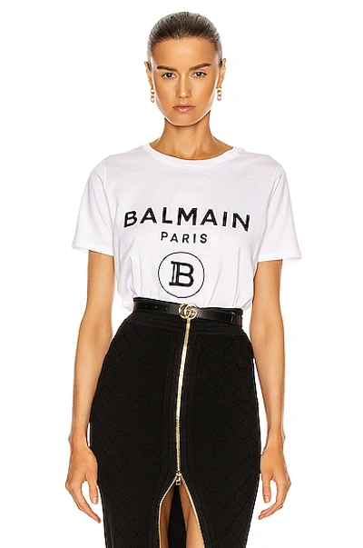 Balmain Flocked Logo T-shirt In Blanc & Noir