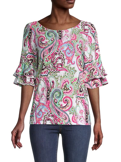 Pappagallo Angelica Paisley Ruffle-sleeve Top In Tropical Pink