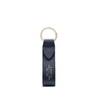Smythson Panama Keyring With Leather Strap In Navy