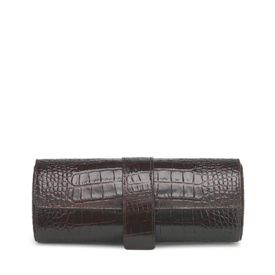 Smythson Mara Croc-effect Leather Three-watch Roll In Brown