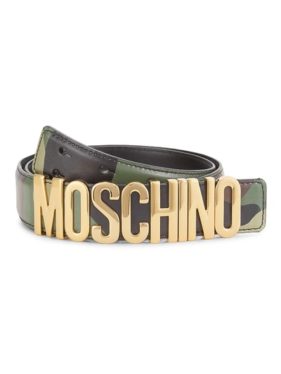 Moschino Camo Logo Buckle Leather Belt In Black Gold