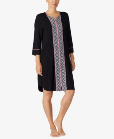 Ellen Tracy Women's Short Zip Front Robe In Black Border