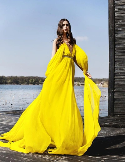 Manurí Lidia Gown With Crystal Belt In Yellow