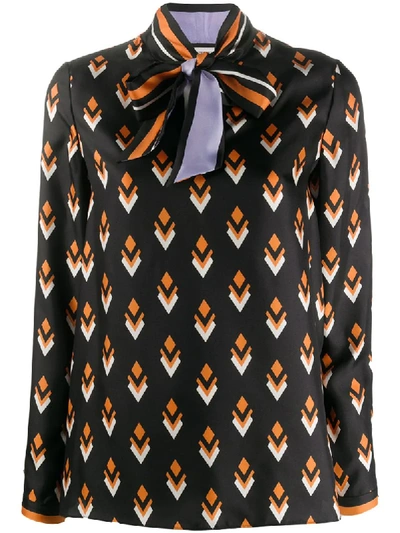 Valentino Pussy-bow Diamond-print Silk Top In Black