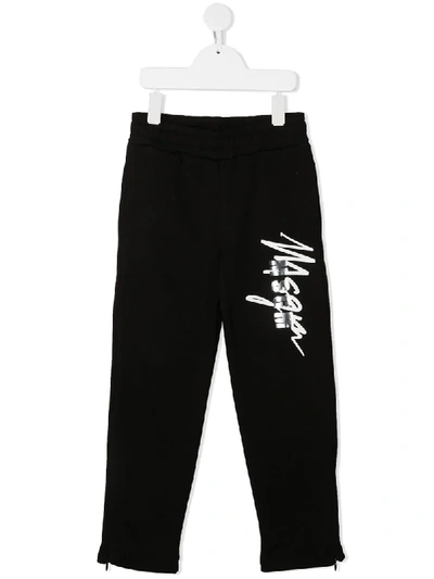 Msgm Kids' Logo-print Cotton Track Trousers In Black