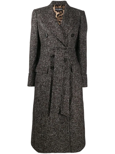 Dolce & Gabbana Belted Micro Tweed Double-breasted Coat In Brown