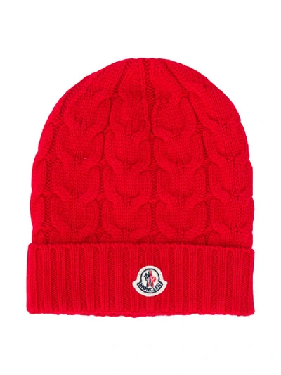 Moncler Babies' Wool Cable Knit Beanie Hat W/ Logo In Red