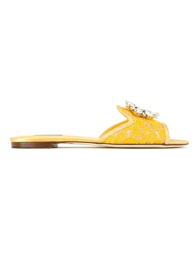 Dolce & Gabbana Bianca Crystal-embellished Lace Sandals In Yellow