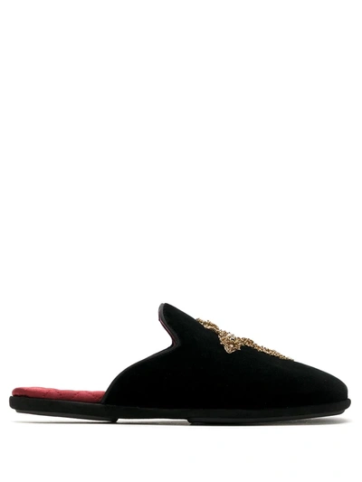 Dolce & Gabbana Green Velvet Cross Embellished Slippers Shoes In Black