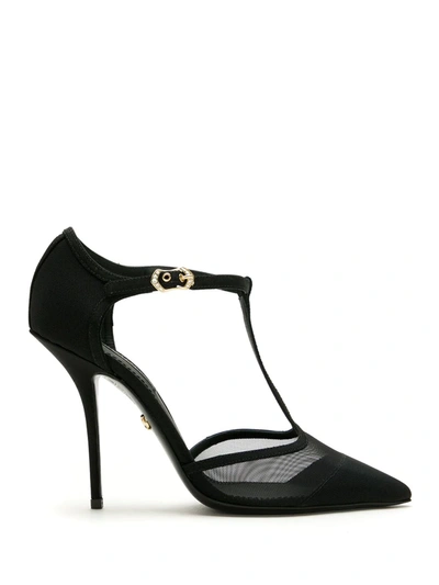 Dolce & Gabbana T-strap Sandals In Mesh And Grosgrain In Black