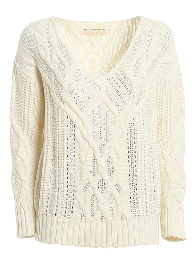 Ermanno Scervino Crystals Embellished Knit V Neck Sweater In Ivory