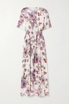 ADAM LIPPES SHIRRED FLORAL-PRINT SILK-SATIN MAXI DRESS