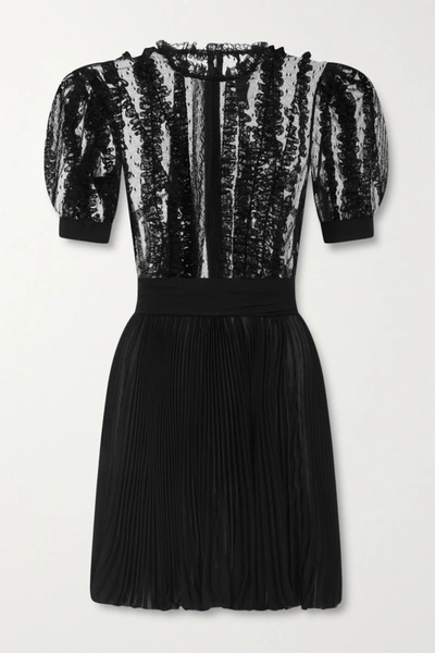 Dolce & Gabbana Lace-trimmed Point D'esprit Tulle And Plissé-chiffon Mini Dress In Black