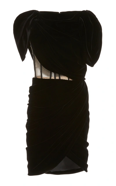 Oscar De La Renta Exposed Corset Velvet Mini Dress In Black