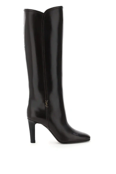 Saint Laurent Blu Embellished Leather Knee Boots In Dark Brown