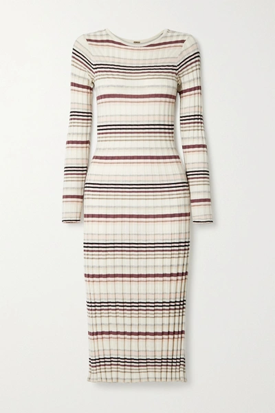 Adam Lippes Stripe Long Sleeve Silk & Cashmere Midi Jumper Dress In Grey