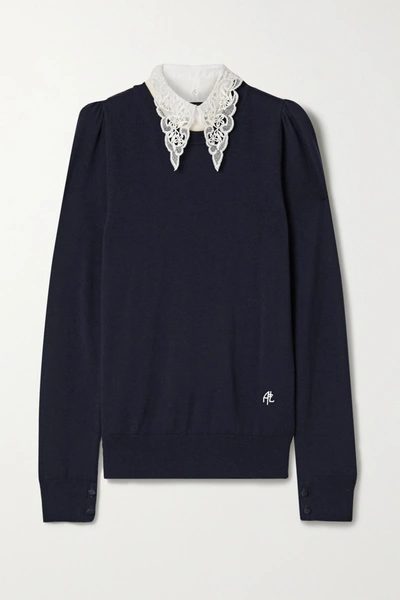 Adam Lippes Puff Sleeve Wool Jumper With Removable Lace Collar In Black
