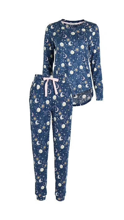 Emerson Road Whisperluxe Crew Neck Joggers Pajama Set In Dots Of Jupiter Blue Cove
