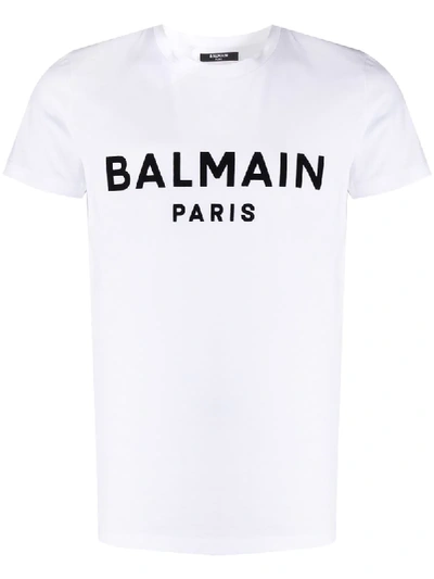 Balmain White Crewneck T-shirt With Contrasting Logo Lettering Print In Cotton