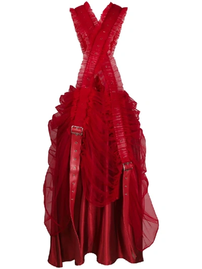 Comme Des Garçons Ruffle-trimmed A-line Skirt With Suspenders In Red