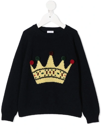 Il Gufo Kids' Crown Print Knitted Jumper In Blue