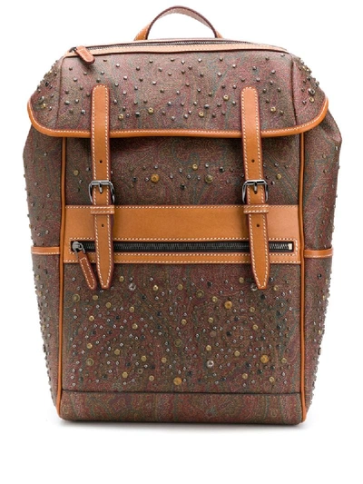 Etro Paisley Fabric Backpack With Studs In Brown