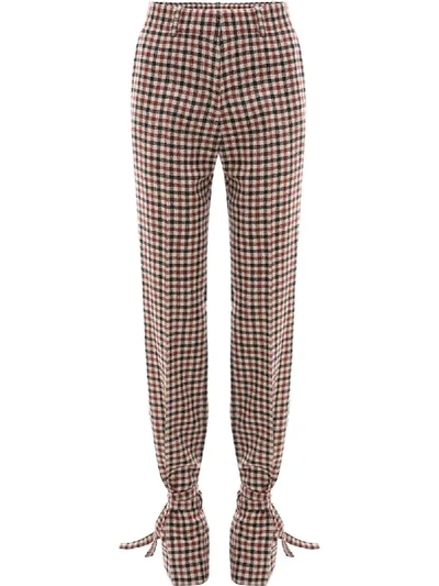 Jw Anderson Bow-embellished Checked Wool Straight-leg Trousers In Auburn
