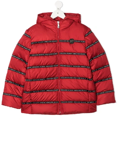 Philipp Plein Junior Kids' Hooded Logo Tape Padded Jacket In Red