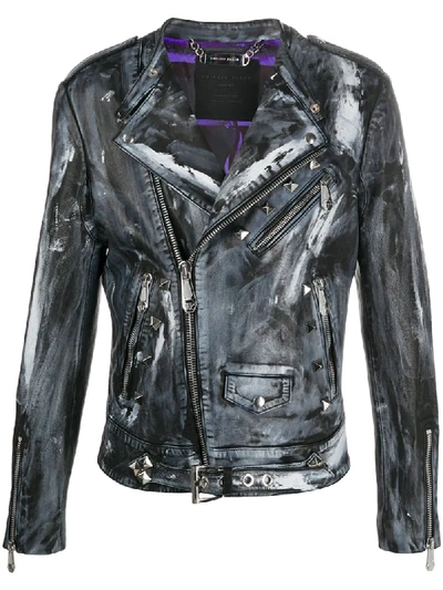 Philipp Plein Skull On Fire Biker Jacket In Blue