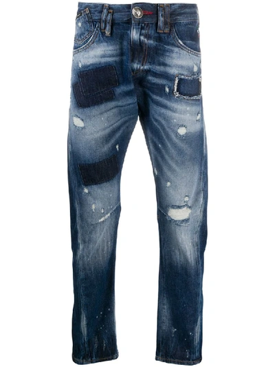 Philipp Plein Skull Embroidered Straight-leg Jeans In Blue