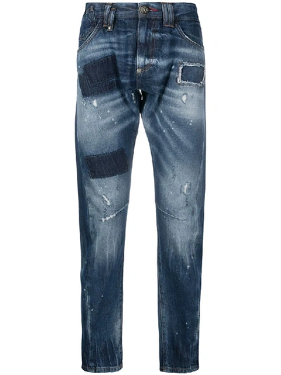 Philipp Plein Skull On Fire Slim-fit Jeans In Blue