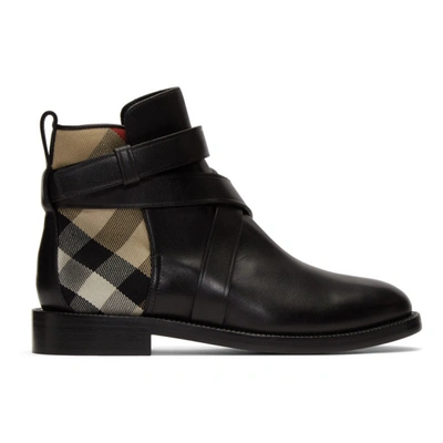 Burberry Strap Detail House Check And Leather Ankle Boots In Black/archive Beige