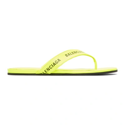 Balenciaga Logo Print Leather Thong Sandals In Fluo Yellow/ Black