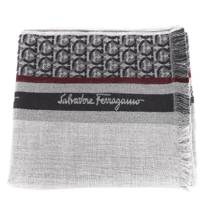 Ferragamo Signature Scarf In Silk-wool Blend With Gancini Motif In Grey