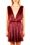 SAINT LAURENT RASPBERRY PLUNGING V-NECK MINI DRESS IN PLEATED LAMÉ VELVET,11466995