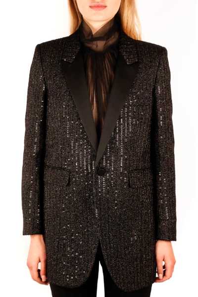 Saint Laurent Black Silk Sequined Blazer