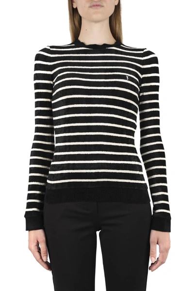 Saint Laurent Striped Sweater In Velvet Jersey With Monogram In Black,white