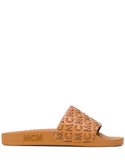 Mcm Logo Print Sliders In Brown