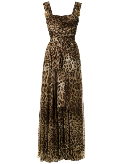 Dolce & Gabbana Leopard Print Flared Dress In Brown