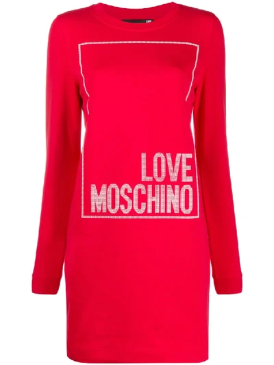 Love Moschino Jewelled Logo Print Jumper Dress In Red
