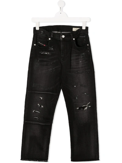 Diesel Teen Distressed Carrot-fit Jeans In Nero.