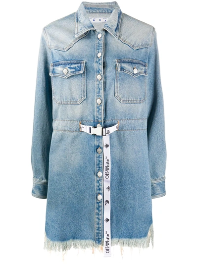 Off-white Logo Embroidered Belted Denim Mini Shirtdress In Blue