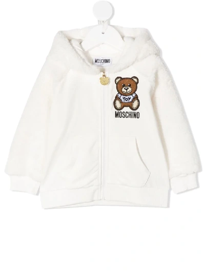 Moschino Babies' Teddy Bear 皮毛一体拉链连帽衫 In White