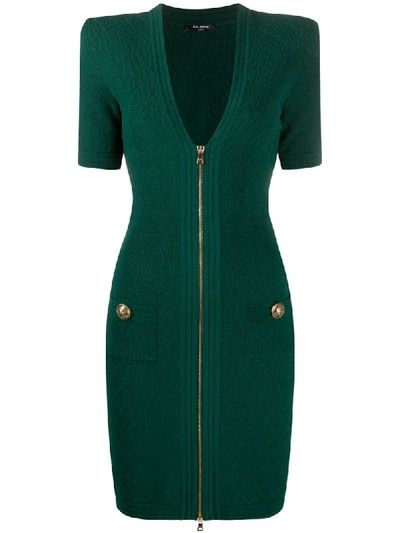 Balmain Green V-neck Diamond Knit Zip Mini Dress